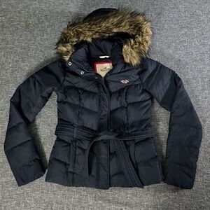 Hollister Women's Down Feather Puffer Jacket Black Size Small Belted Faux Fur